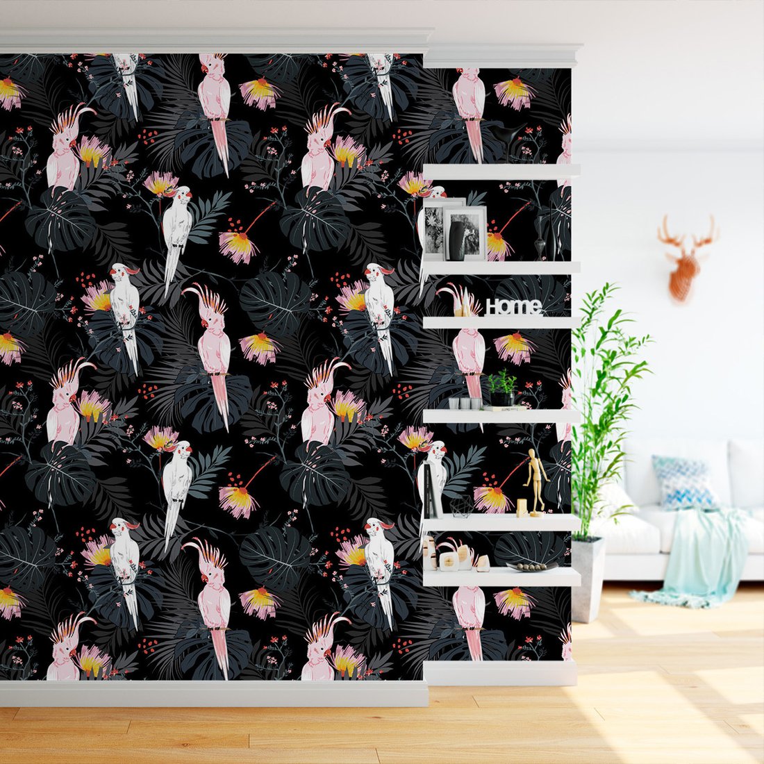 Tapeta - liście, papugi, kwiaty