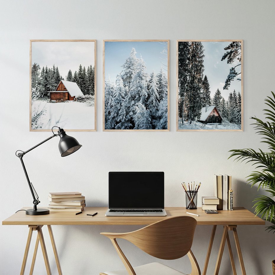 Zestaw obrazy w ramie, plakaty - zima, śnieg, drzewa - rama drewno