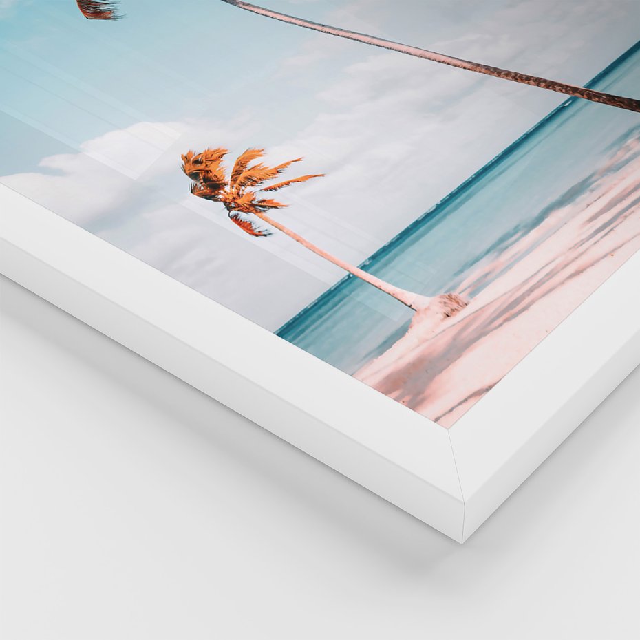 Zestaw obrazy w ramie, plakaty - palmy, skały, niebo - rama biała