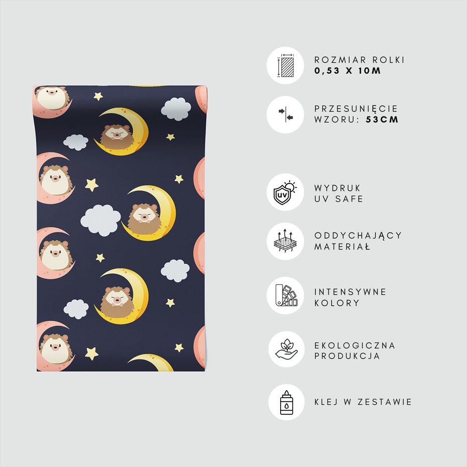 Tapeta - dziecięca, jeż, księżyc, gwiazdy