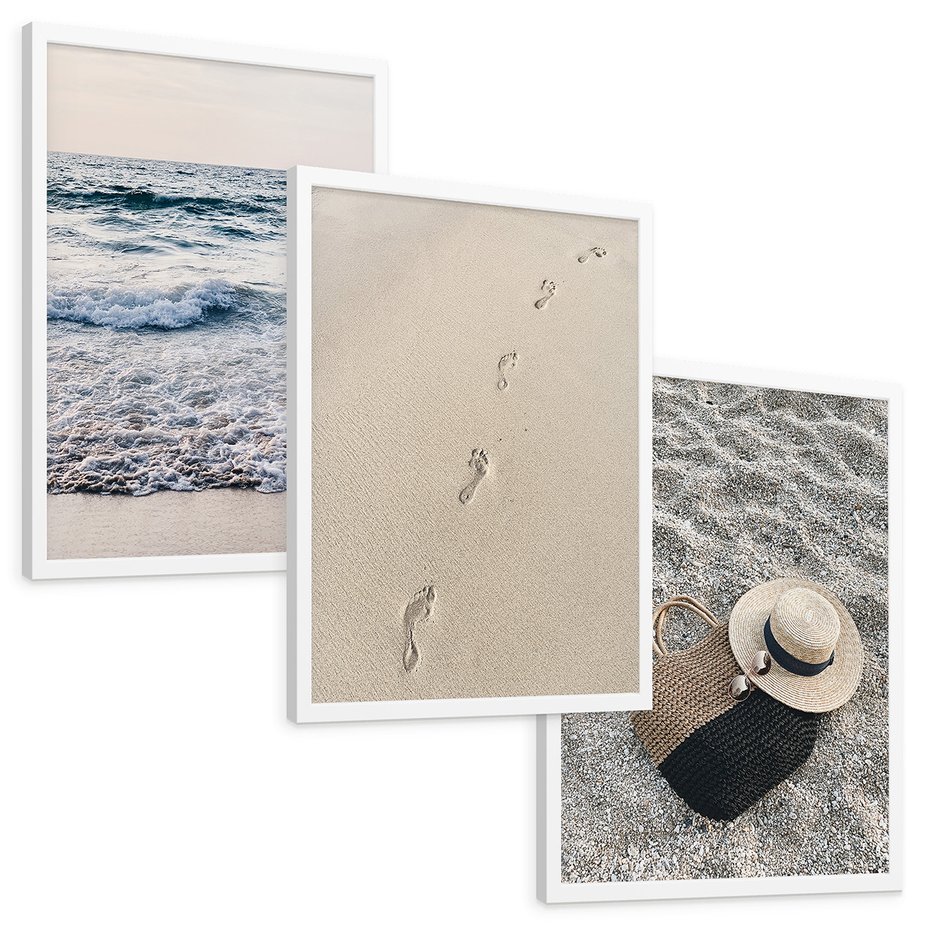Zestaw obrazy w ramie, plakaty - plaża, morze, piasek - rama biała