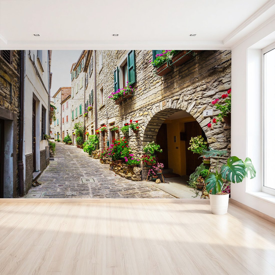 Fototapeta - uliczka, kwiaty, budynki
