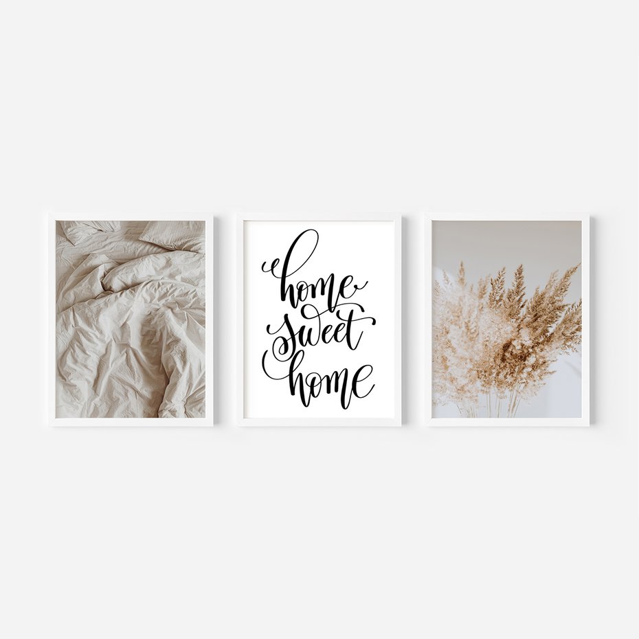 Zestaw obrazy w ramie, plakaty - trawa, beżowy, pismo - rama biała