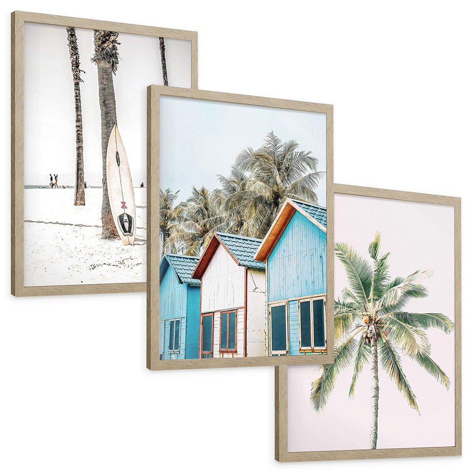 Zestaw obrazy w ramie, plakaty - palmy, plaża, domki - rama drewno