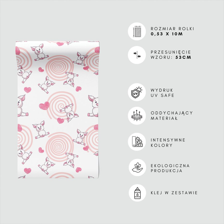 Tapeta - dziecięca, świnka, serce, spirala