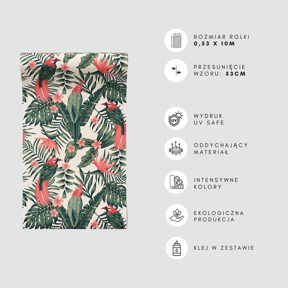 Tapeta - liście, papugi, kwiaty