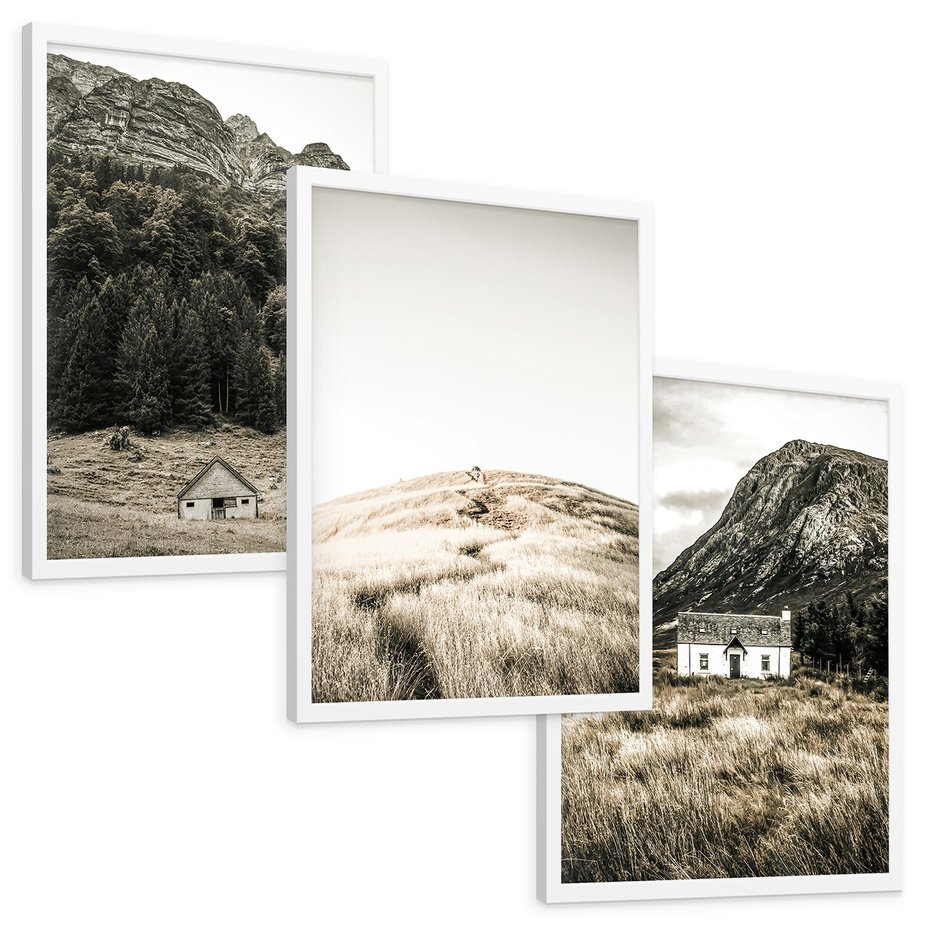 Zestaw obrazy w ramie, plakaty - góry, domy, krajobraz - rama biała