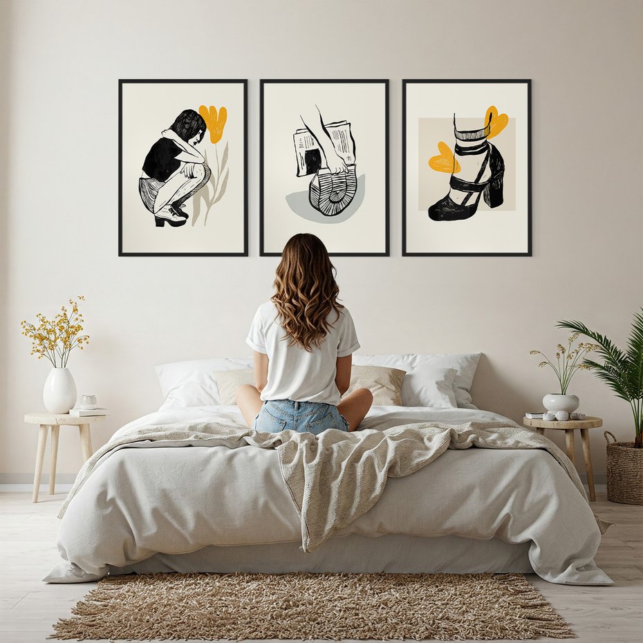 Zestaw obrazy w ramie, plakaty - rysunek, kobieta, kwiat - rama czarna