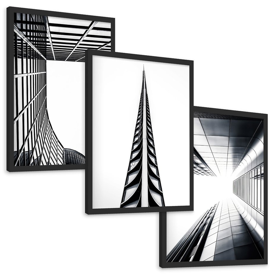 Zestaw obrazy w ramie, plakaty - architektura, budynki, miejski - rama czarna
