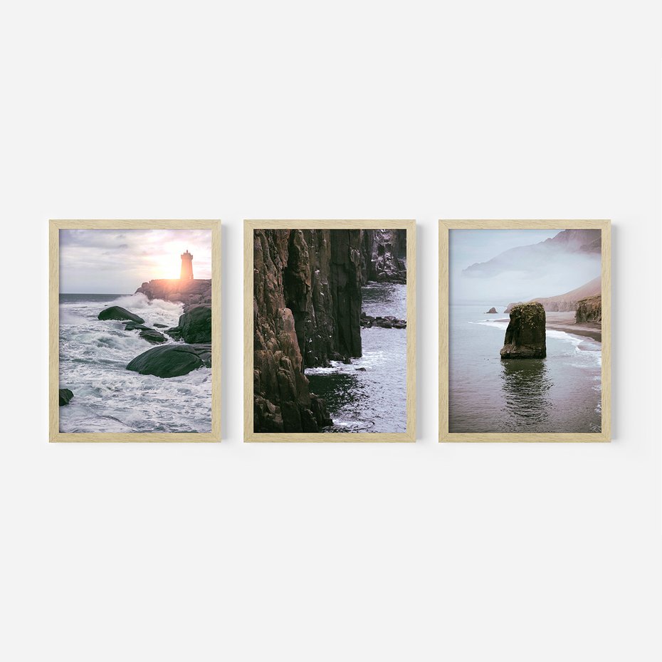 Zestaw obrazy w ramie, plakaty - morze, skały, wybrzeże - rama drewno