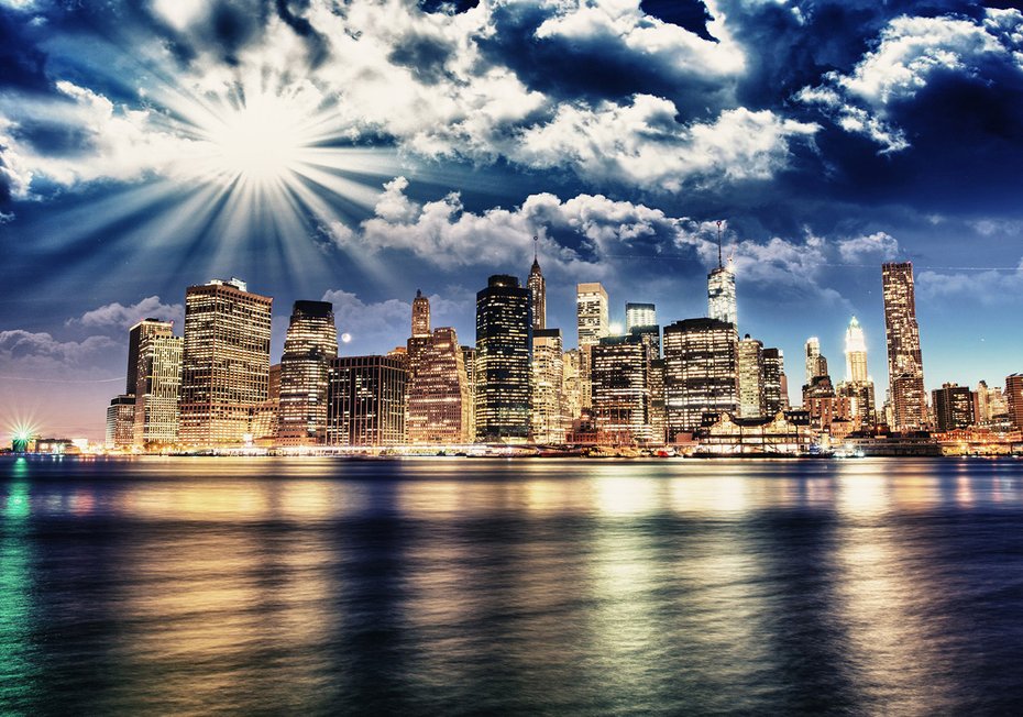 Fototapeta - miasto, noc, woda