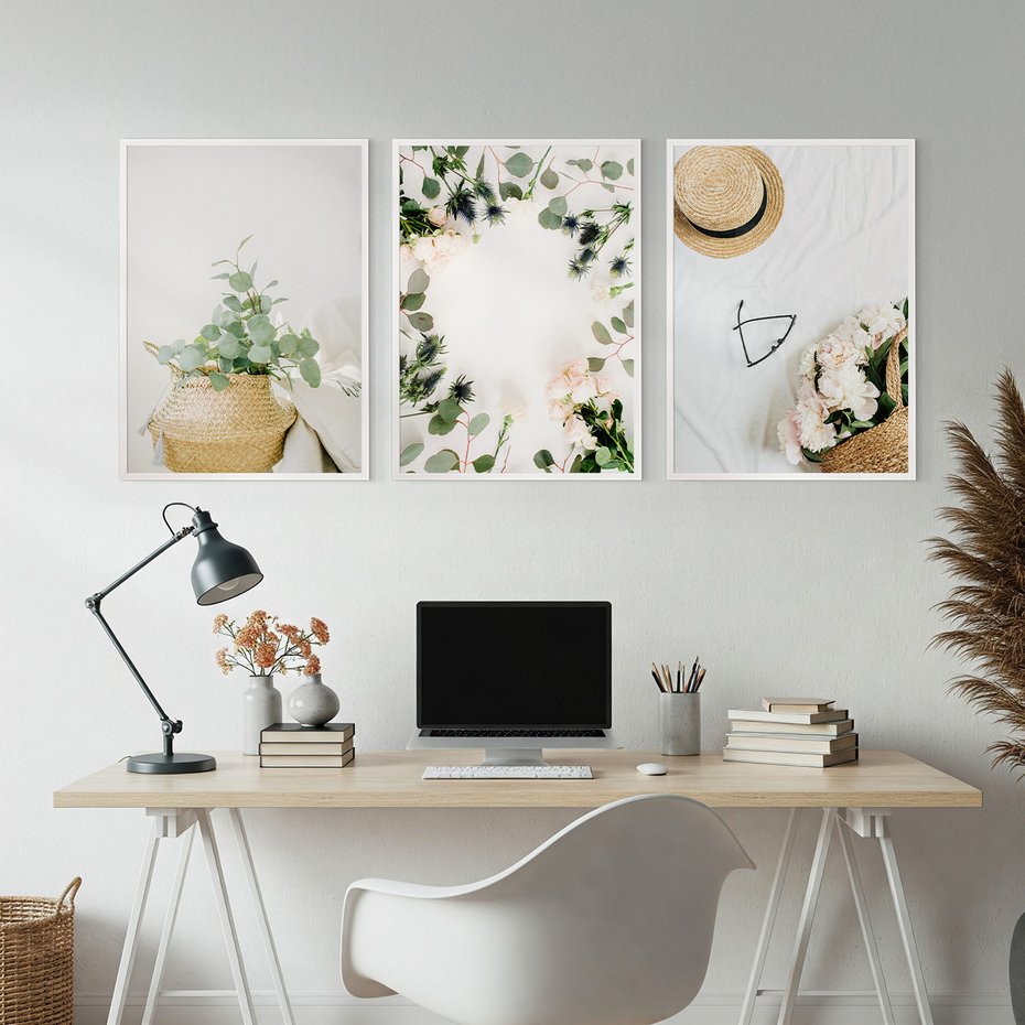 Zestaw obrazy w ramie, plakaty - kwiaty, liście, eukaliptus - rama biała