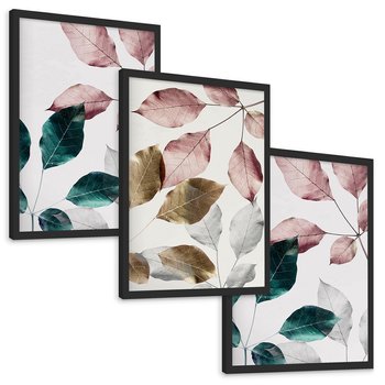 Zestaw obrazy w ramie, plakaty - liście, pastelowe, botaniczne - rama czarna