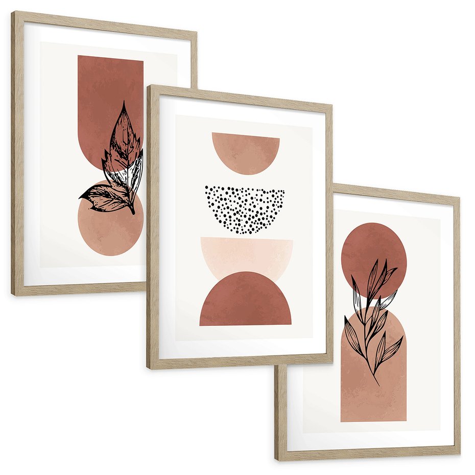 Zestaw obrazy w ramie, plakaty - abstrakcja, liście, kształty - rama drewno