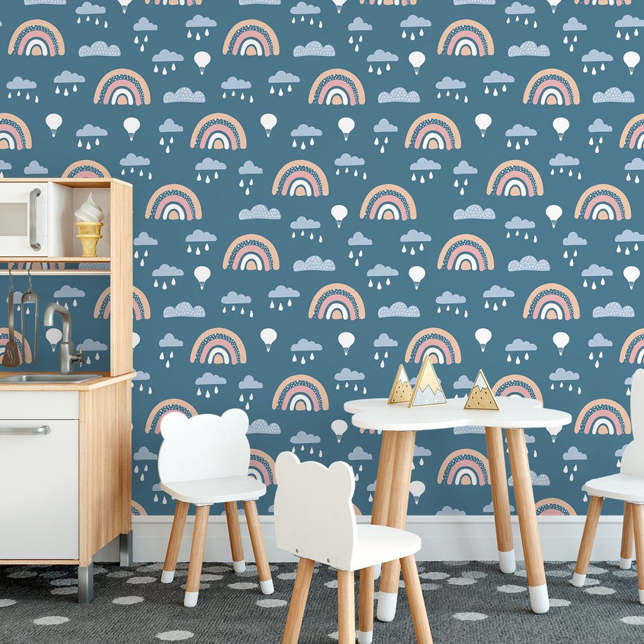Tapeta - dziecięca, tęcze, chmury, balony