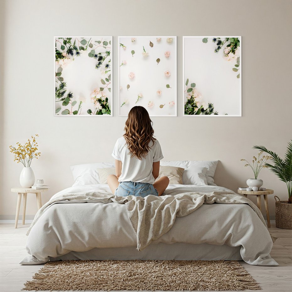 Zestaw obrazy w ramie, plakaty - kwiaty, liście, eukaliptus - rama biała