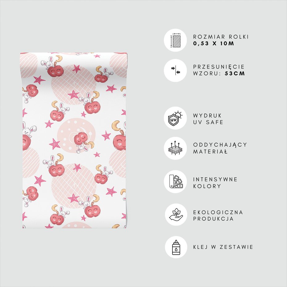 Tapeta - dziecięca, jabłko, królik, gwiazda