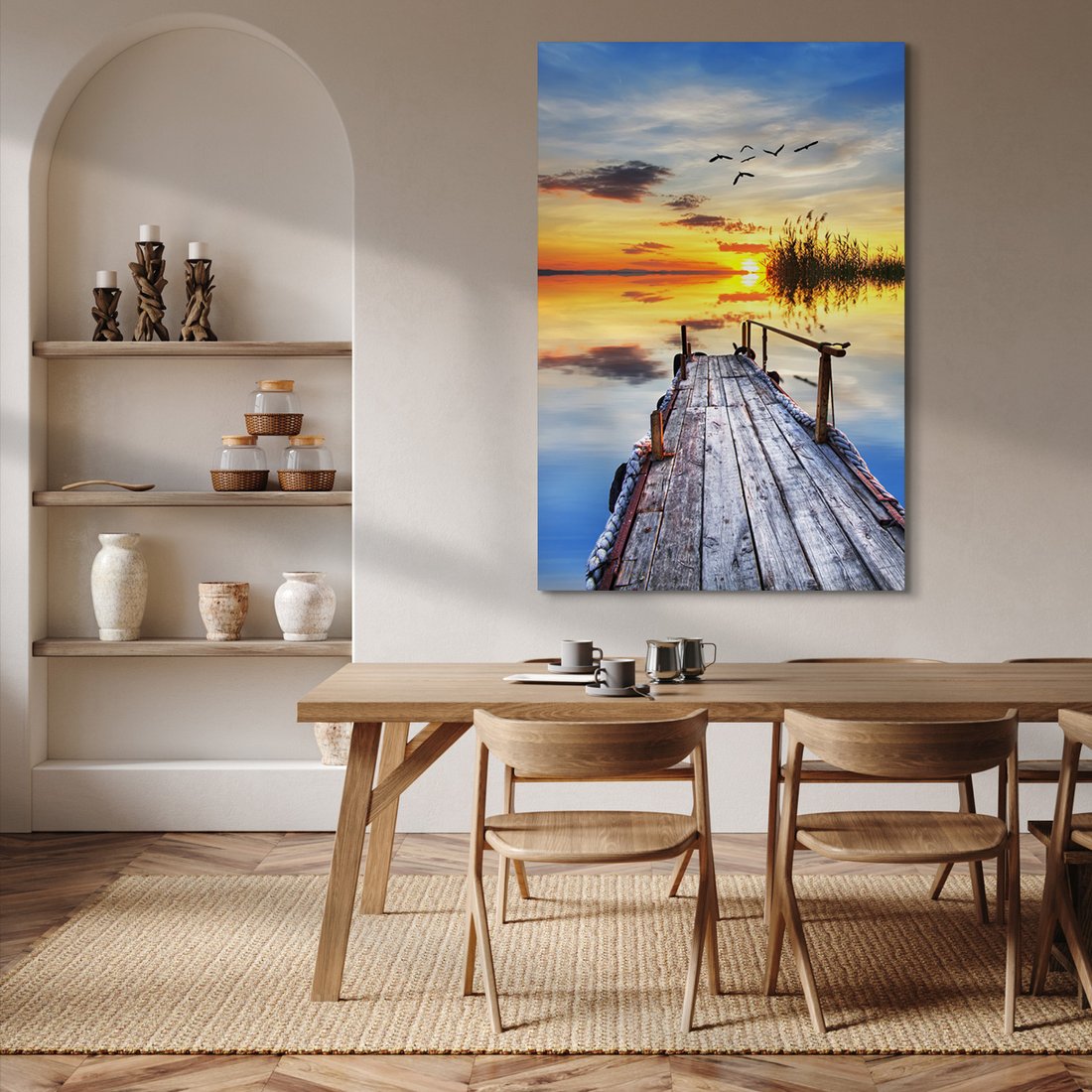 Obraz na płótnie - pomost, zachód słońca, jezioro