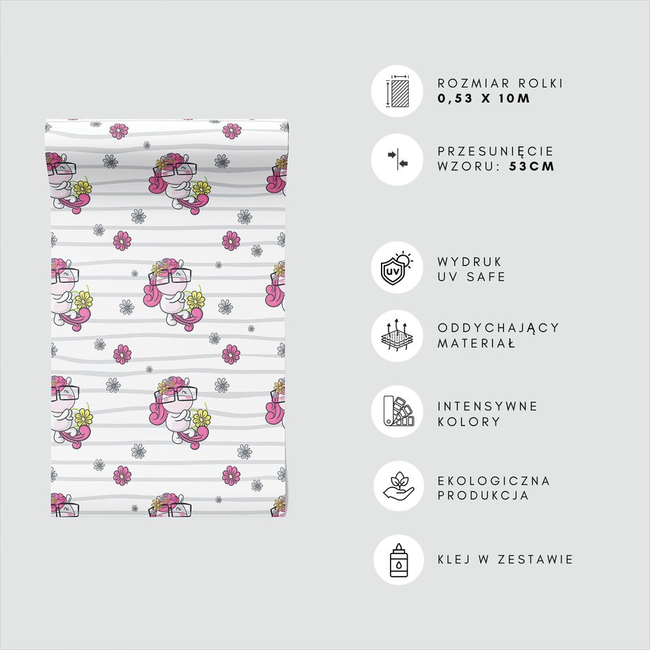 Tapeta - dziecięca, jednorożec, kwiaty,