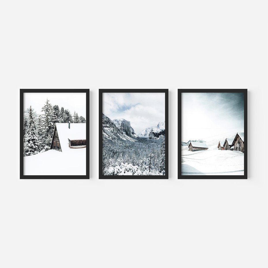 Zestaw obrazy w ramie, plakaty - zima, śnieg, góry - rama czarna
