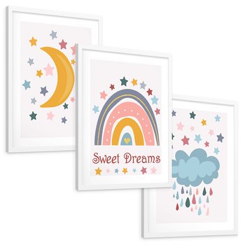 Zestaw obrazy w ramie, plakaty - gwiazdy, księżyc, tęcza - rama biała