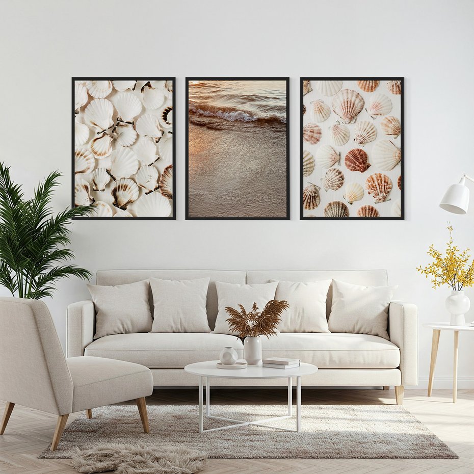 Zestaw obrazy w ramie, plakaty - muszle, plaża, woda - rama czarna