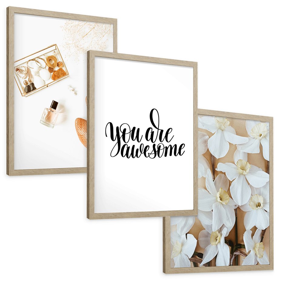 Zestaw obrazy w ramie, plakaty - kwiaty, akcesoria, buty - rama drewno