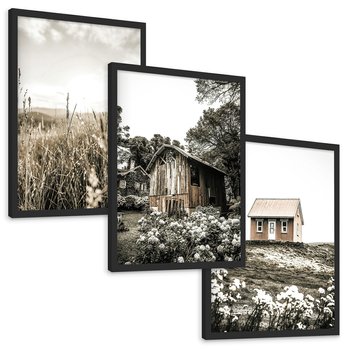 Zestaw obrazy w ramie, plakaty - wieś, natura, budynki - rama czarna