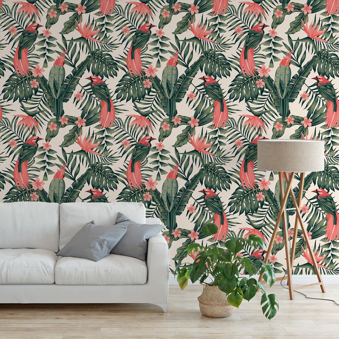 Tapeta - liście, papugi, kwiaty