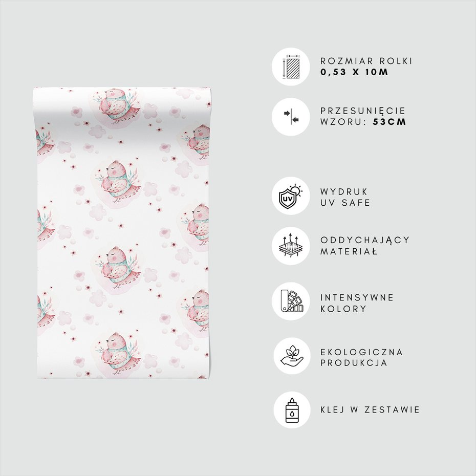 Tapeta - dziecięca, ptak, kwiaty, chmury