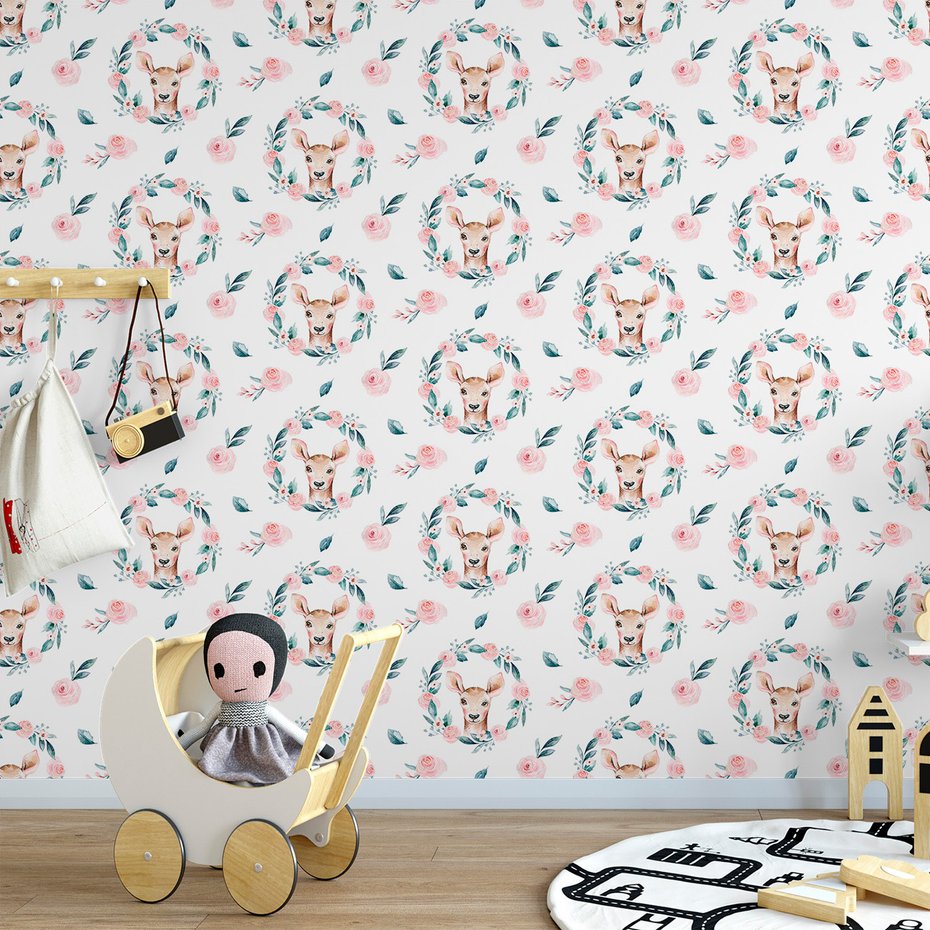 Tapeta - dziecięca, jeleń, róże, liście