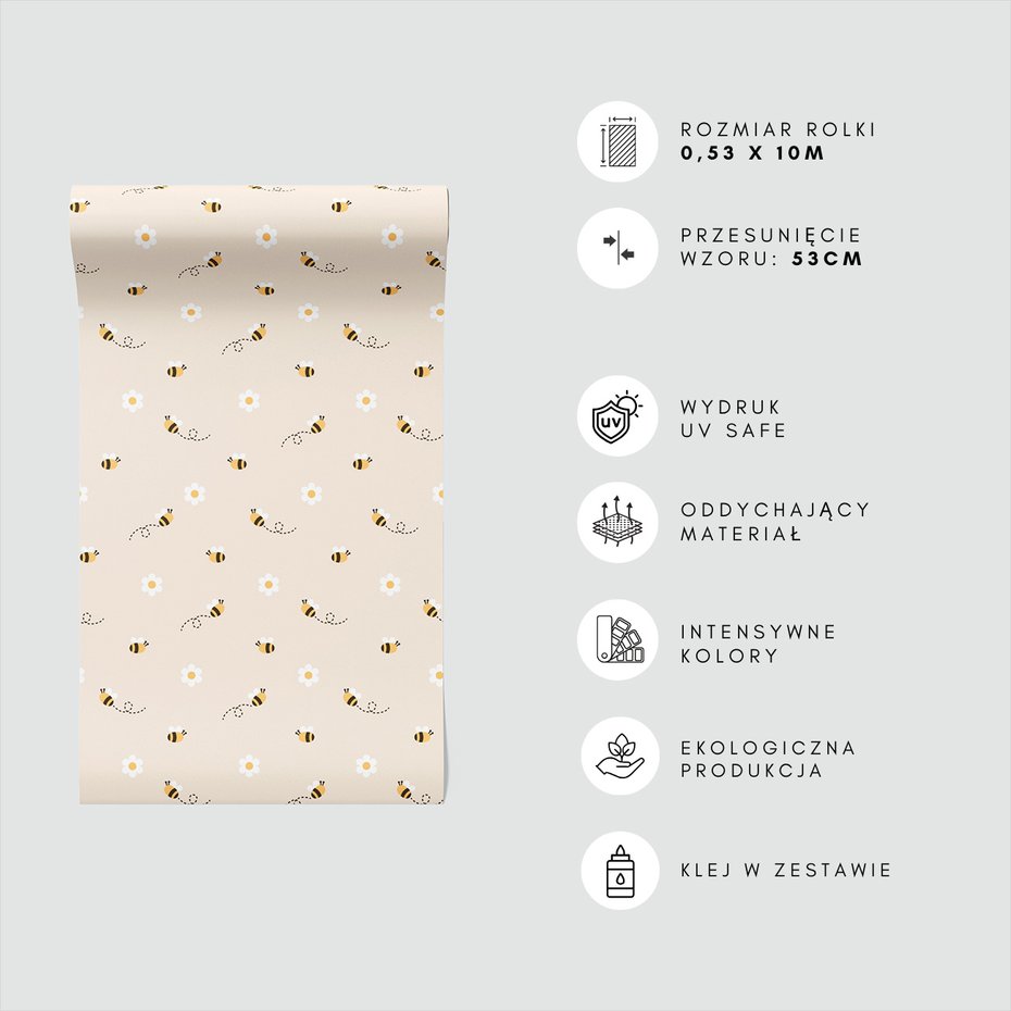 Tapeta - dziecięca, pszczoły, kwiaty,