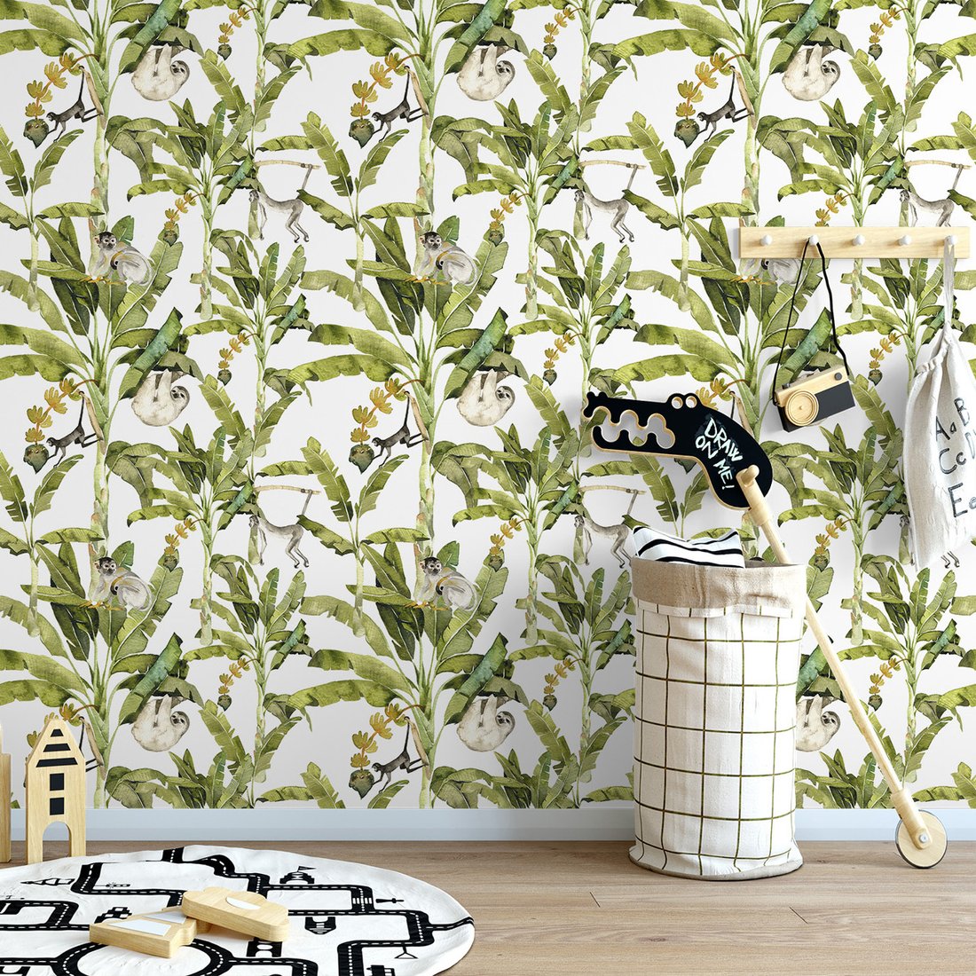 Tapeta - małpy, leniwiec, liście