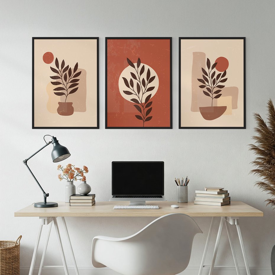Zestaw obrazy w ramie, plakaty - liście, roślina, abstrakcja - rama czarna