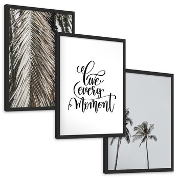 Zestaw obrazy w ramie, plakaty - liście, palmy, napisy - rama czarna
