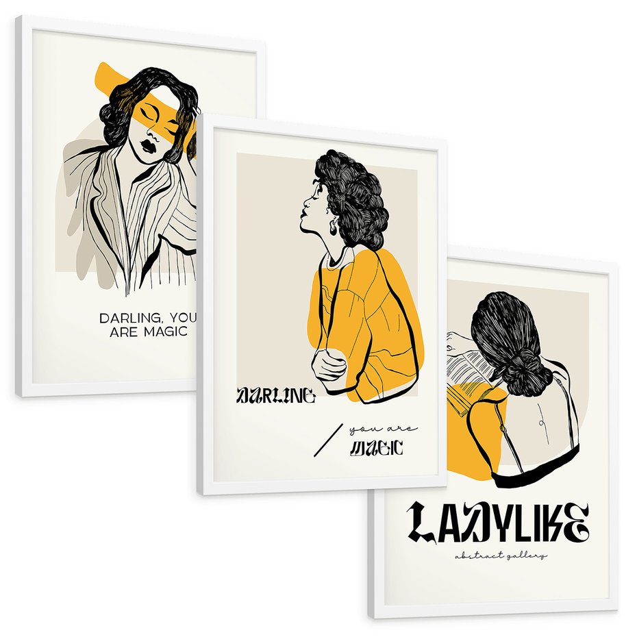 Zestaw obrazy w ramie, plakaty - kobieta, rysunek, portret - rama biała