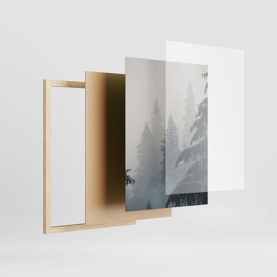 Zestaw obrazy w ramie, plakaty - las, drzewa, jeleń - rama drewno