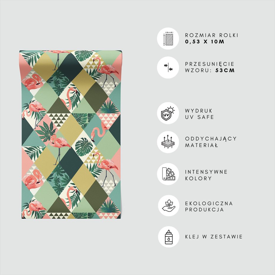 Tapeta - flamingo, liście, trójkąty