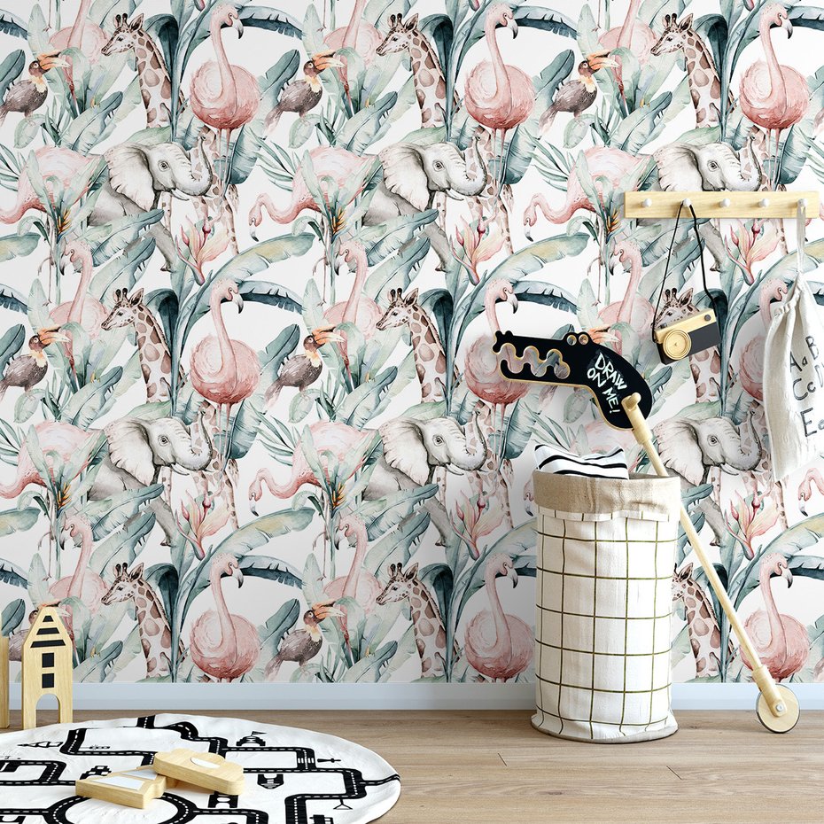 Tapeta - żyrafa, słoń, flaming,