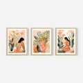 Zestaw obrazy w ramie, plakaty - kobieta, kwiaty, liście - rama drewno