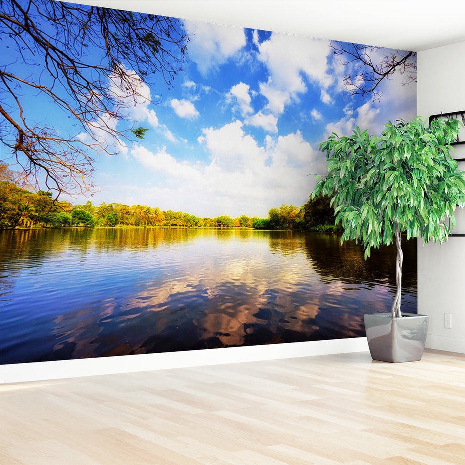 Fototapeta - jezioro, las, niebo