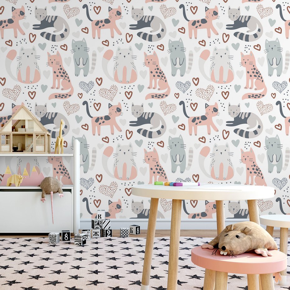 Tapeta - dziecięca, koty, serca, tło