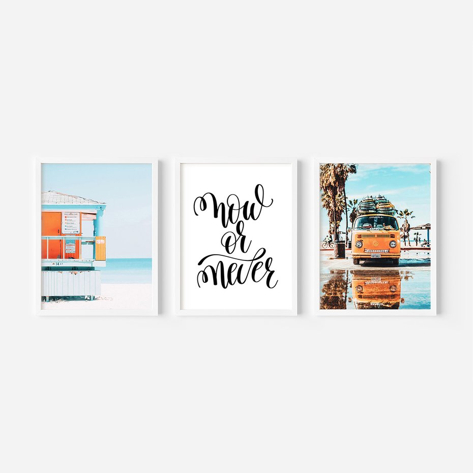 Zestaw obrazy w ramie, plakaty - plaża, lato, wakacje - rama biała