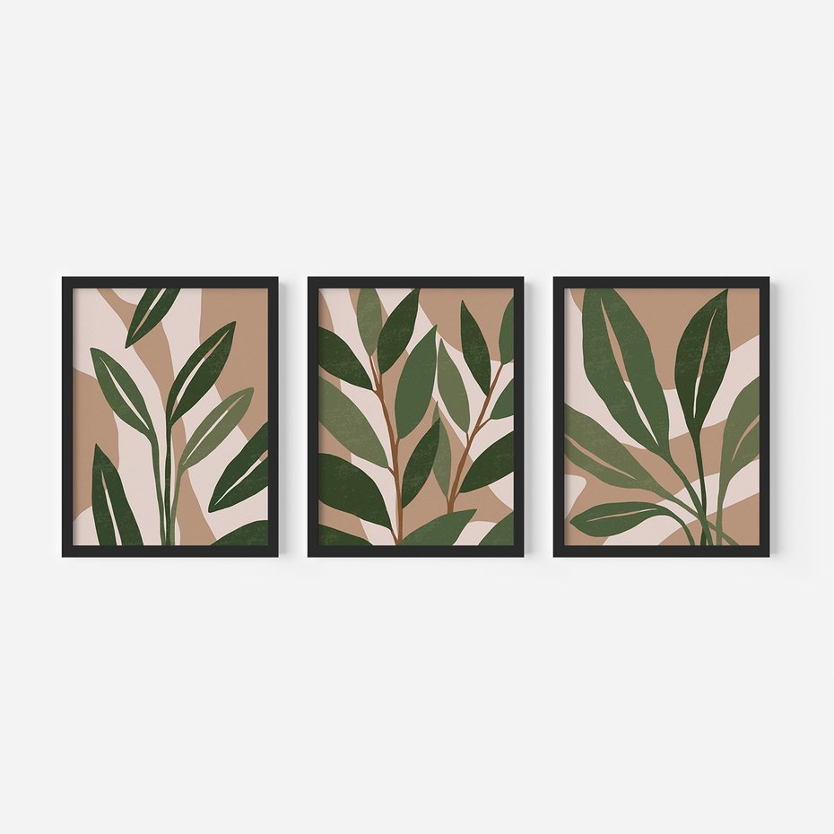 Zestaw obrazy w ramie, plakaty - liście, rośliny, abstrakcja - rama czarna
