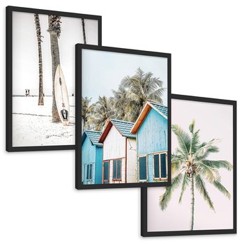 Zestaw obrazy w ramie, plakaty - palmy, plaża, domki - rama czarna