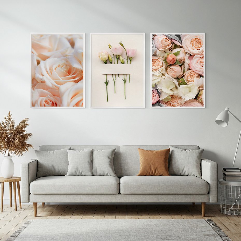 Zestaw obrazy w ramie, plakaty - kwiaty, róże, pastelowe - rama biała
