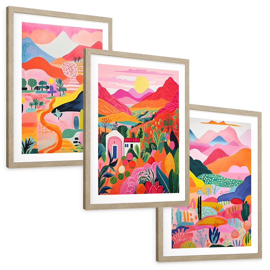 Zestaw obrazy w ramie, plakaty - góry, krajobraz, natura - rama drewno