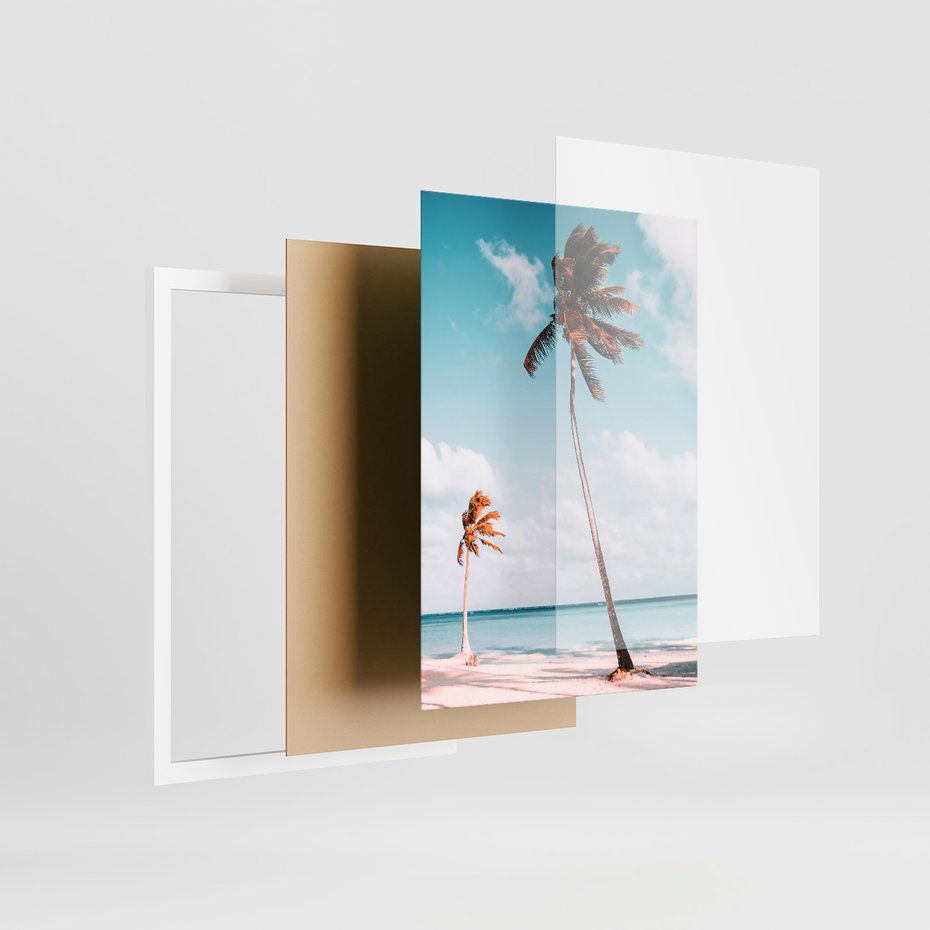 Zestaw obrazy w ramie, plakaty - palmy, skały, niebo - rama biała
