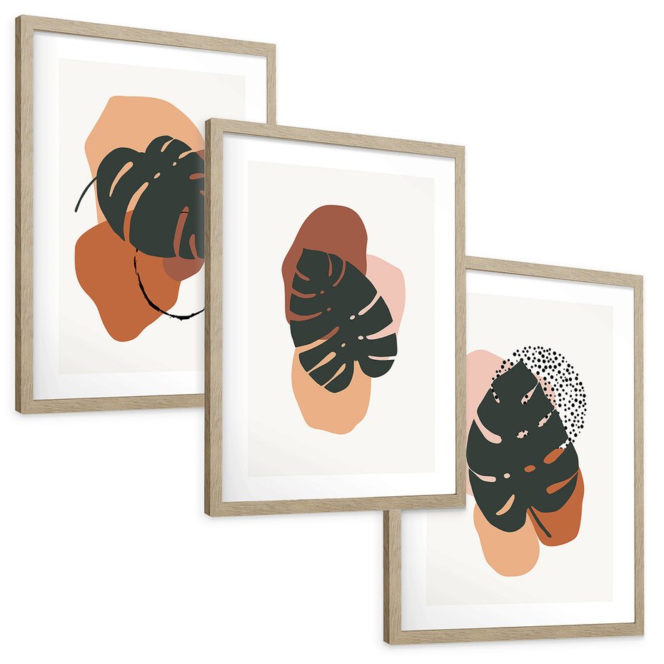 Zestaw obrazy w ramie, plakaty - liście, monstera, abstrakcja - rama drewno
