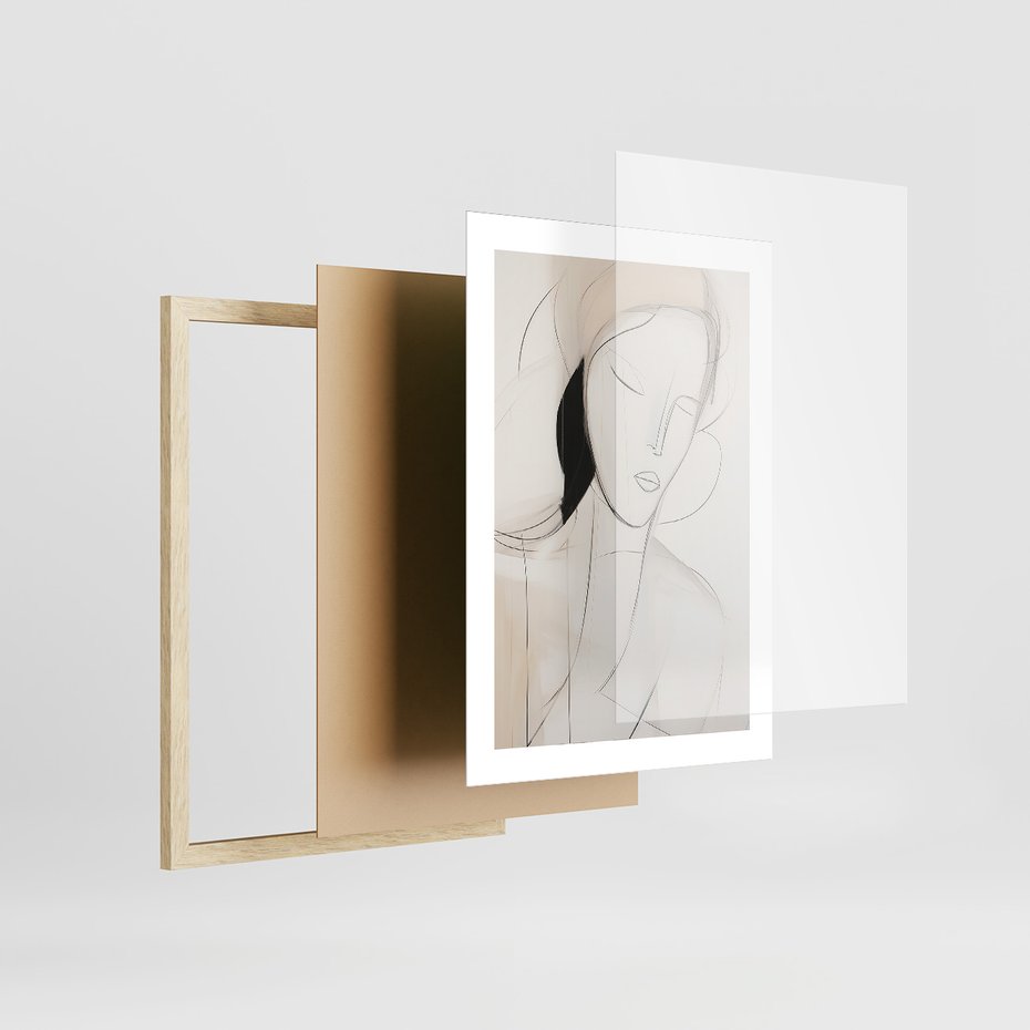 Zestaw obrazy w ramie, plakaty - abstrakcja, portret, minimalizm - rama drewno